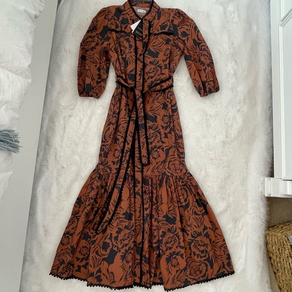 NWT Avec Les Filles Black & Rust Cotton Poplin Floral Belted Maxi Dress - Picture 9 of 16
